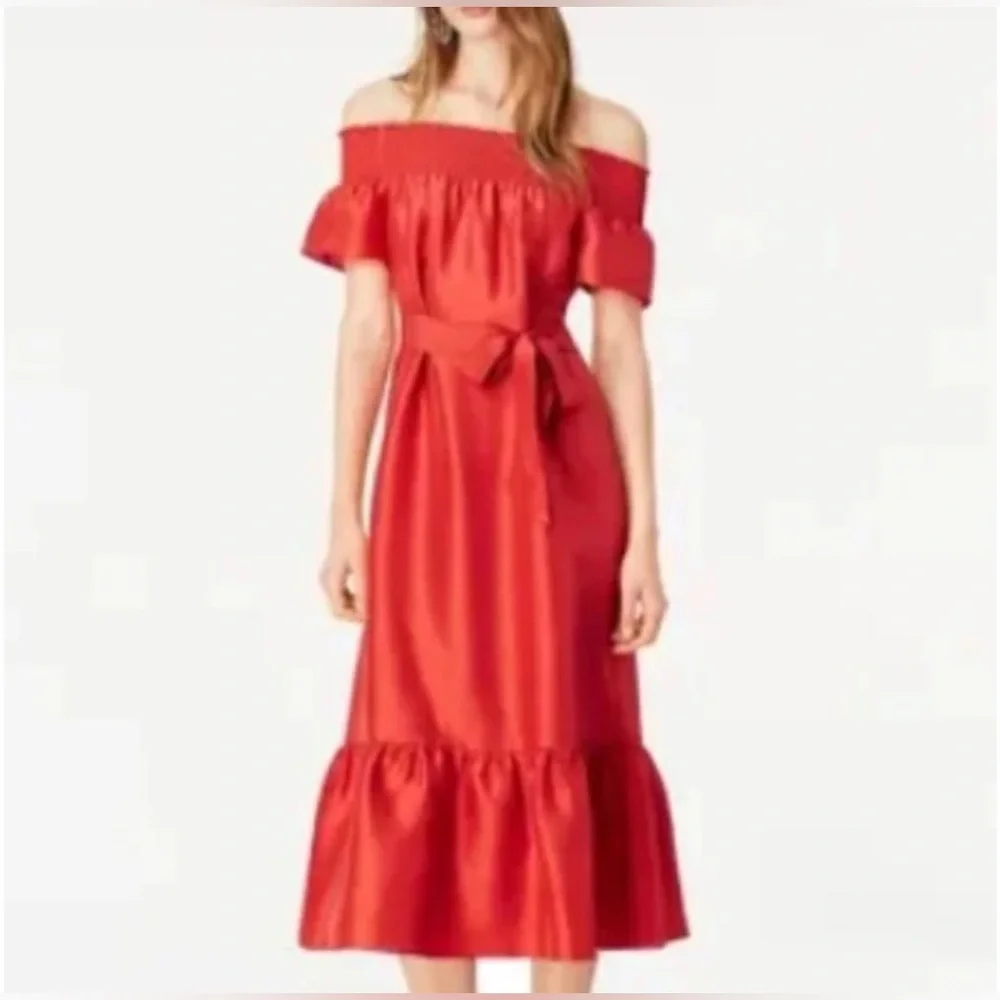 NWT Tory Burch‎ Ramona Silk Off The Shoulder Maxi Dress Red Canyon Size M
